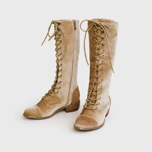 Used. Size Y1 (little girl 1) Joyfolie Velvet “Irelyn” Lace Up Boots - Taupe